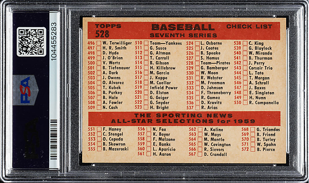1959 Topps #528 Pittsburgh Pirates Team PSA NM-MT 8