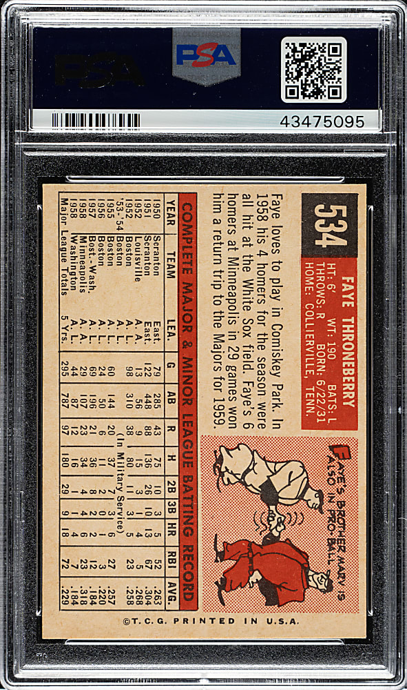 1959 Topps #534 Faye Throneberry PSA NM-MT 8