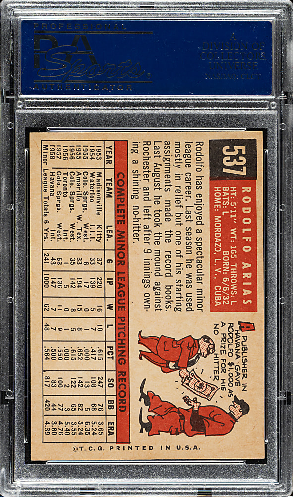 1959 Topps #537 Rodolfo Arias PSA NM-MT 8