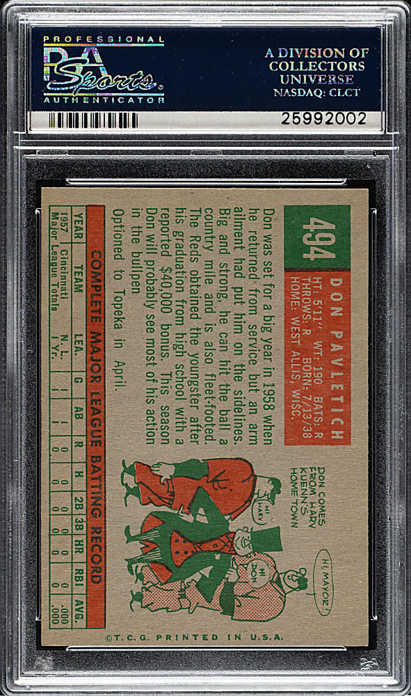 1959 Topps #494 Don Pavletich PSA NM-MT 8