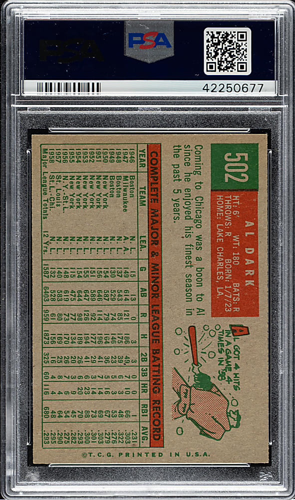 1959 Topps #502 Al Dark PSA NM-MT 8