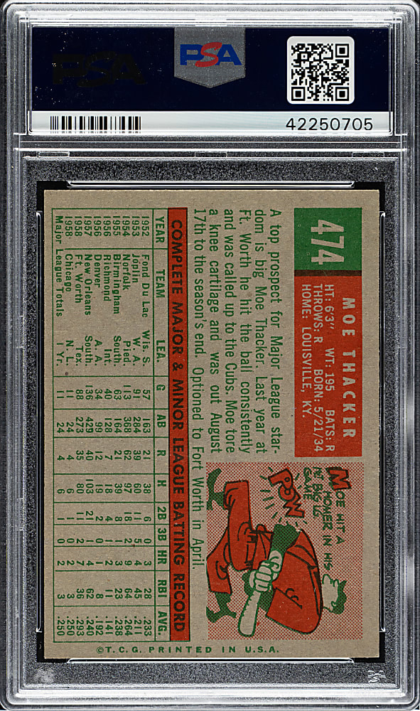 1959 Topps #474 Moe Thacker PSA NM-MT 8