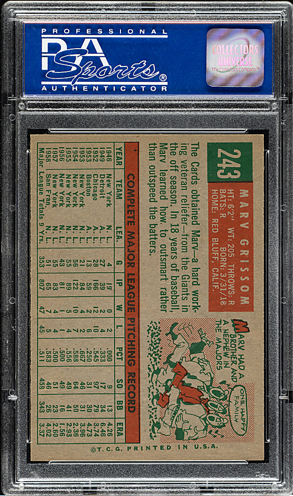 1959 Topps #243 Marv Grissom PSA NM-MT 8