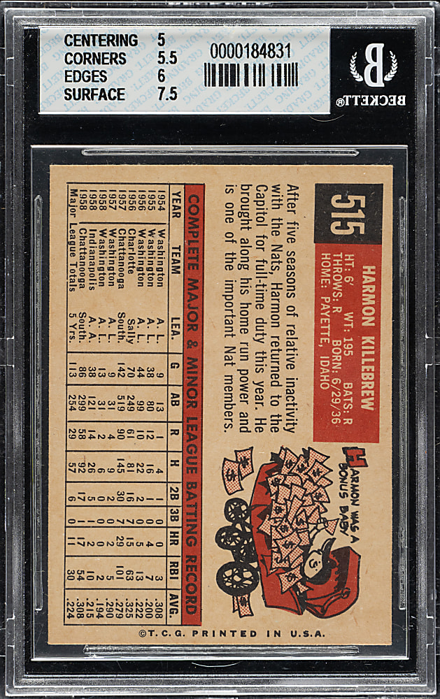 1959 Topps #515 Harmon Killebrew BGS EX+ 5.5