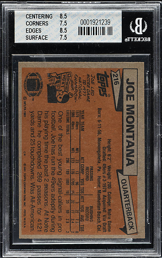 1981 Topps Football #216 Joe Montana Rookie BGS NM+ 7.5
