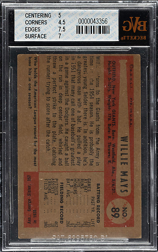 1954 Bowman #89 Willie Mays BVG EX 5