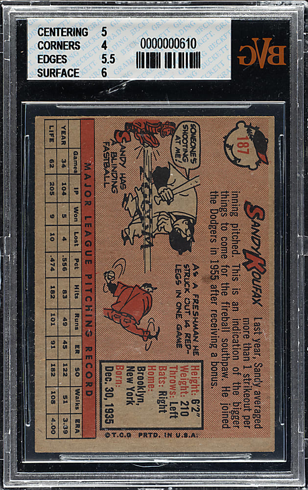 1958 Topps #187 Sandy Koufax BVG VG-EX+ 4.5