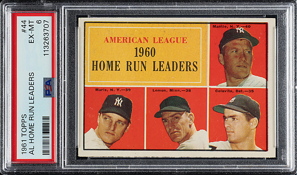 1961 Topps #44 AL Home Run Leaders with Mickey Mantle and Roger Maris PSA EX-MT 6