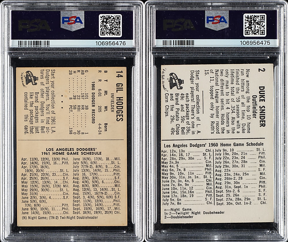 1960 and 1961 Bell Brand Dodgers PSA-Graded Pair: Duke Snider and Gil Hodges