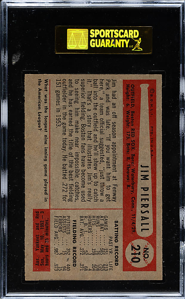 1954 Bowman #210 Jim Piersall SGC NM+ 86