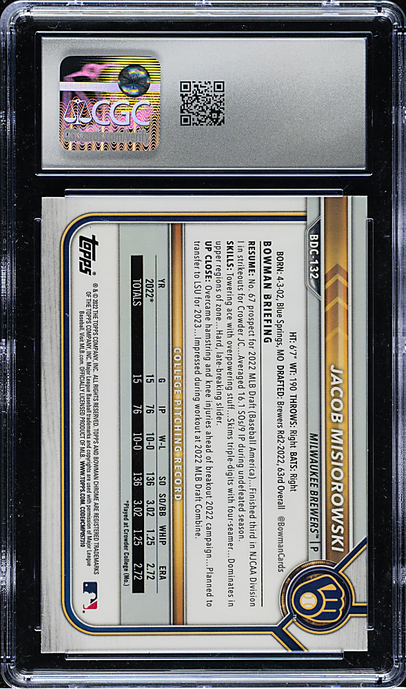 2022 Bowman Chrome Draft #BDC-132 Jacob Misiorowski CGC GEM MINT 10