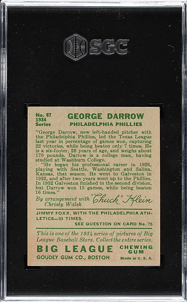 1934 R320 Goudey #87 George Darrow SGC EX/NM 6