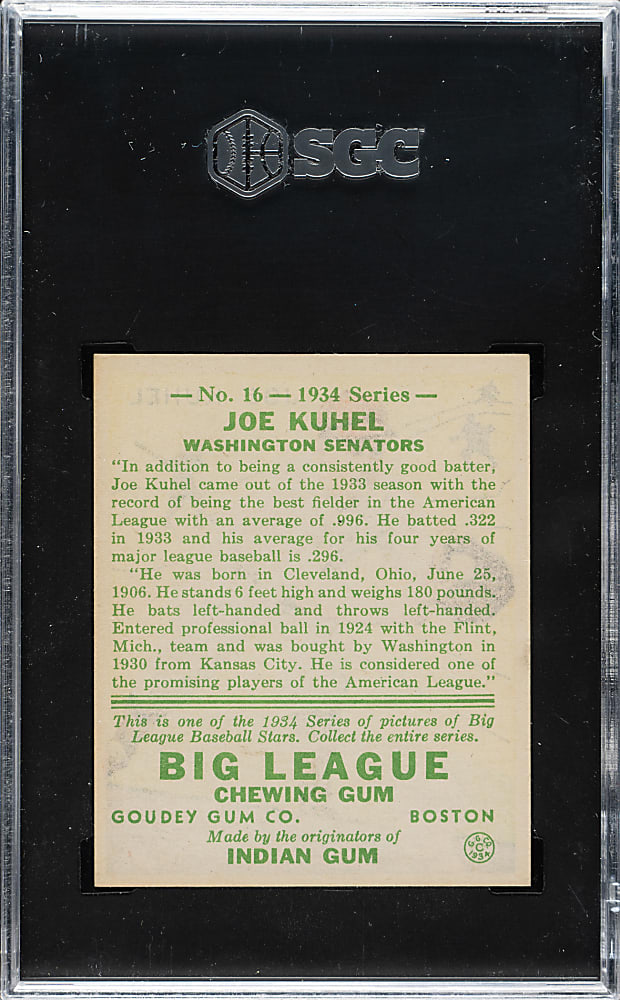 1934 R320 Goudey #16 Joe Kuhel SGC NM+ 7.5