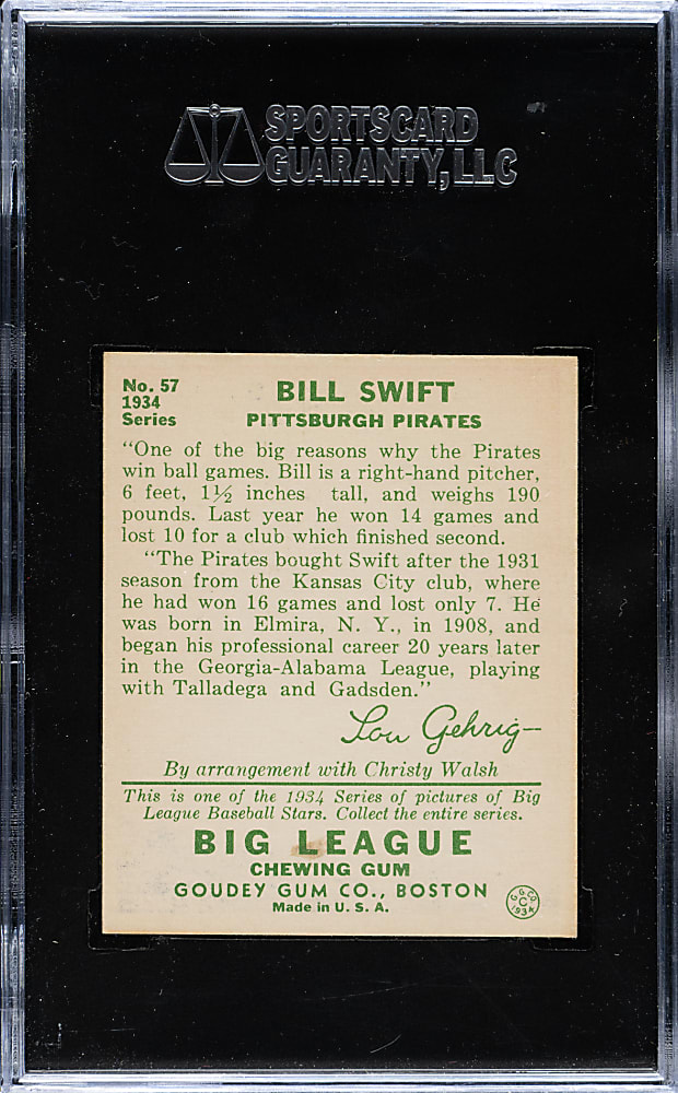 1934 R320 Goudey #57 Bill Swift SGC NM+ 86