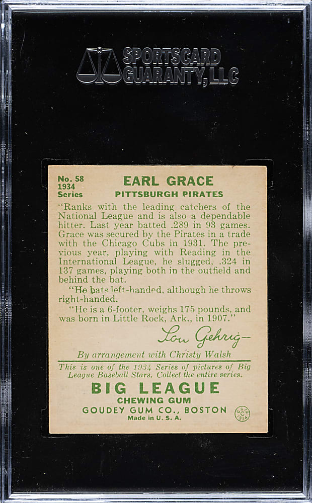 1934 R320 Goudey #58 Earl Grace SGC NM+ 86