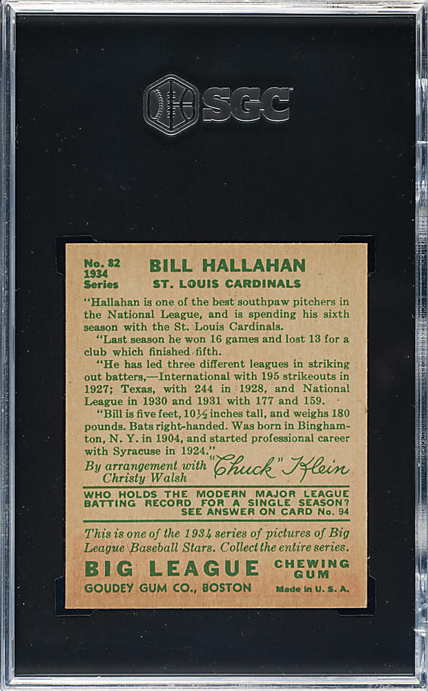 1934 R320 Goudey #82 Bill Hallahan SGC NM 7