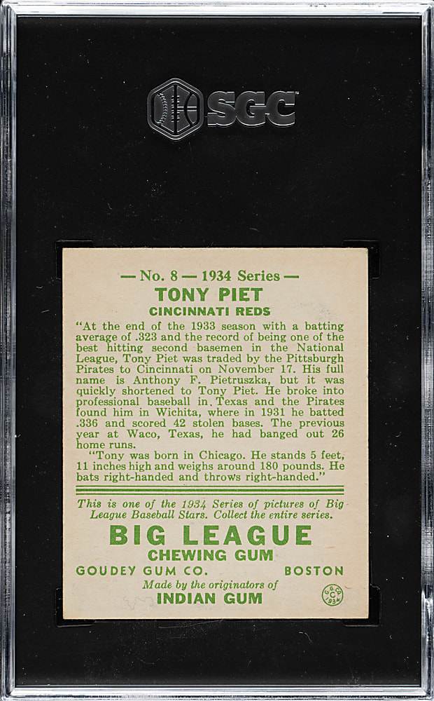 1934 R320 Goudey #8 Tony Piet SGC NM 7