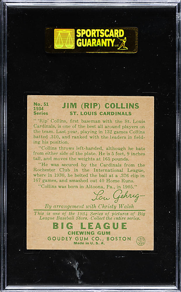 1934 R320 Goudey #51 Rip Collins SGC NM 84