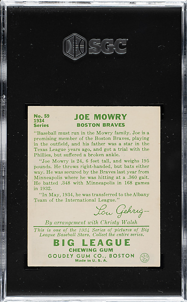 1934 R320 Goudey #59 Joe Mowry SGC NM 7