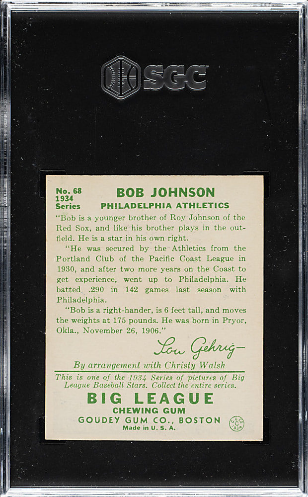 1934 R320 Goudey #68 Bob Johnson SGC NM 7 (MBA Silver Diamond)