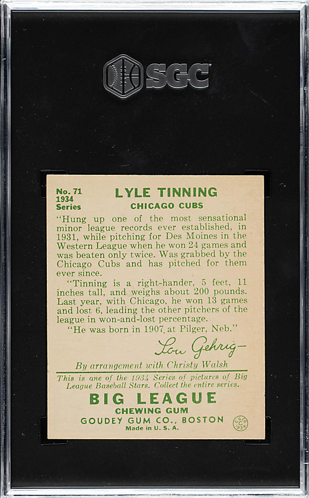 1934 R320 Goudey #71 Lyle Tinning SGC NM 7