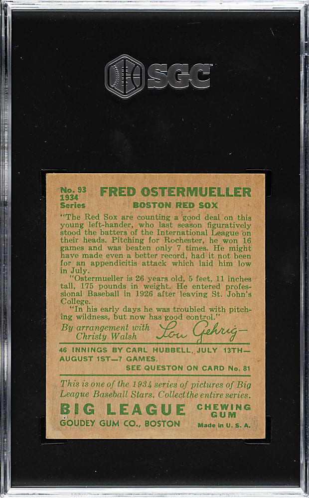 1934 R320 Goudey #93 Fred Ostermueller SGC EX/NM+ 6.5