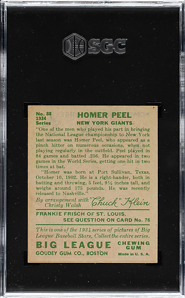 1934 R320 Goudey #88 Homer Peel SGC EX/NM+ 6.5 (MBA Silver Diamond)