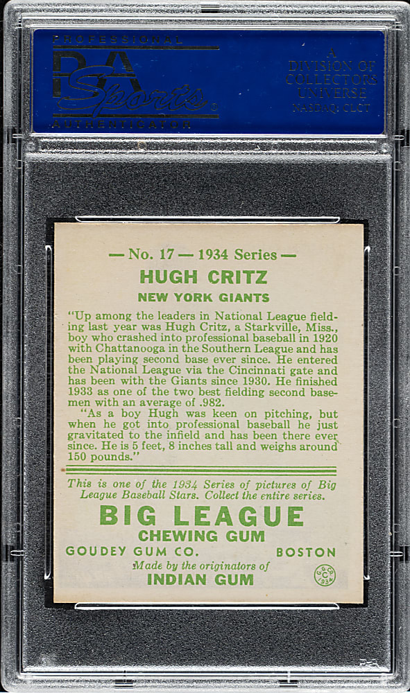 1934 R320 Goudey #17 Hugh Critz PSA NM 7