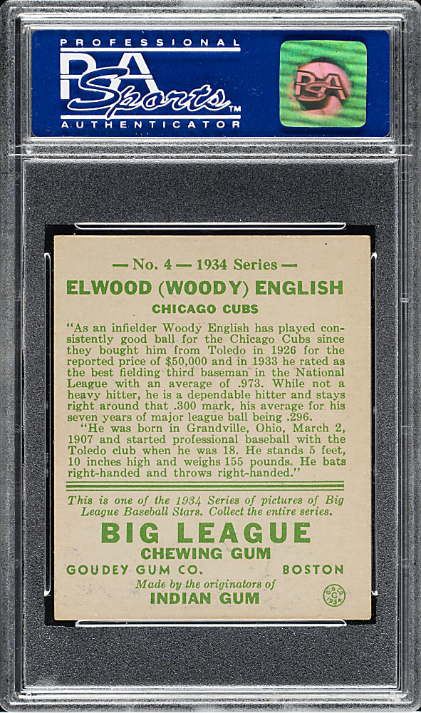 1934 R320 Goudey #4 Woody English PSA NM 7