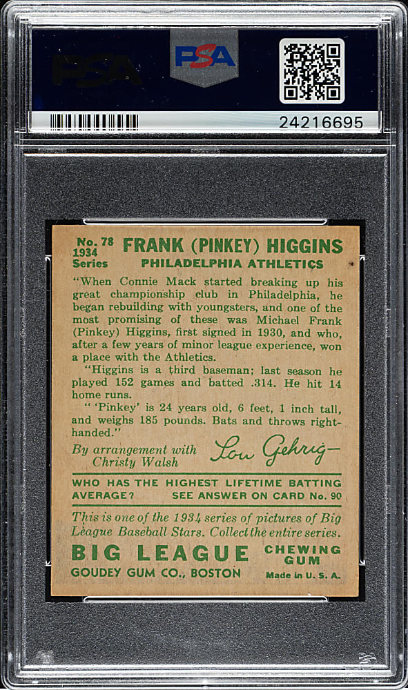 1934 R320 Goudey #78 Pinkey Higgins PSA NM 7