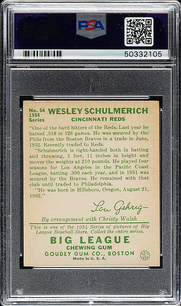 1934 R320 Goudey #54 Wesley Schulmerich PSA NM 7