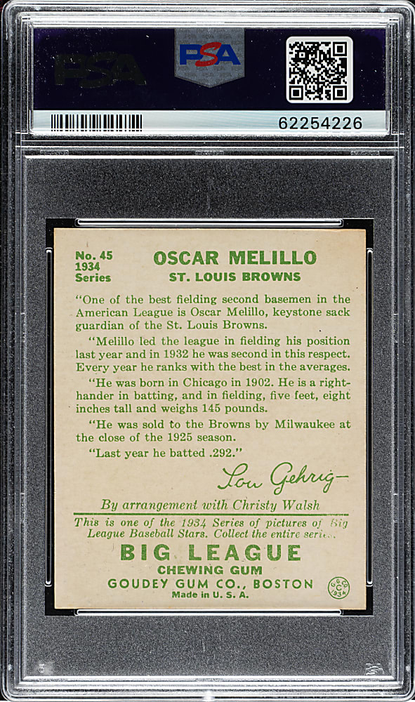 1934 R320 Goudey #45 Oscar Melillo PSA NM 7