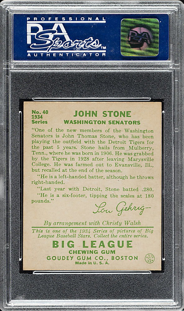 1934 R320 Goudey #40 John Stone PSA NM 7