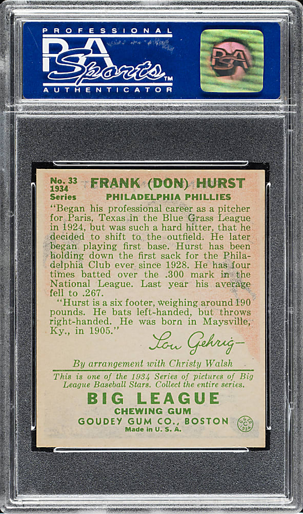 1934 R320 Goudey #33 Don Hurst PSA NM 7