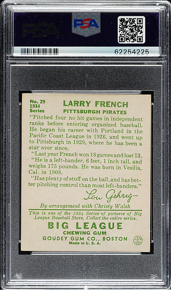 1934 R320 Goudey #29 Larry French PSA NM 7