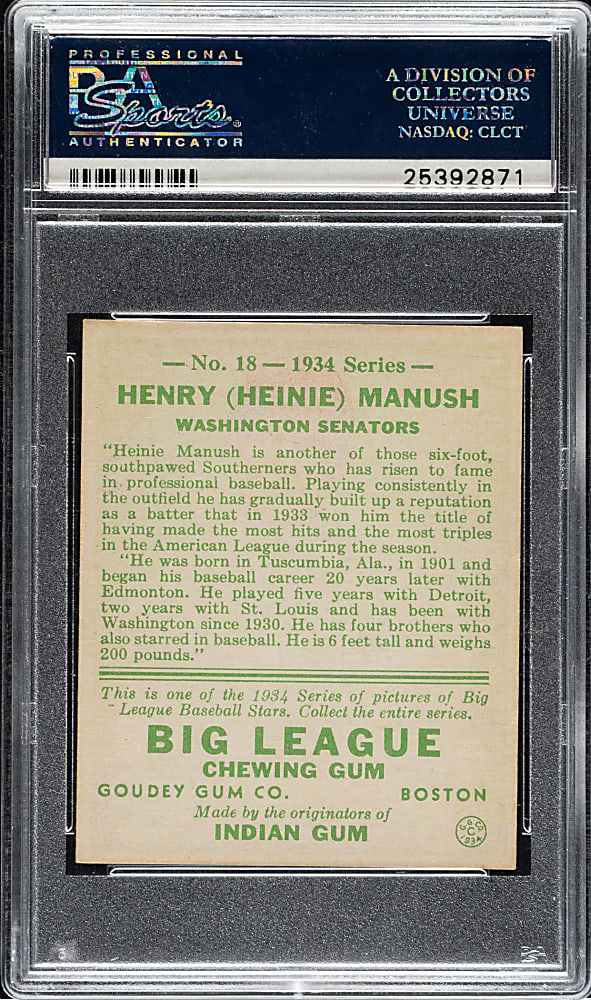 1934 R320 Goudey #18 Heinie Manush PSA EX-MT+ 6.5