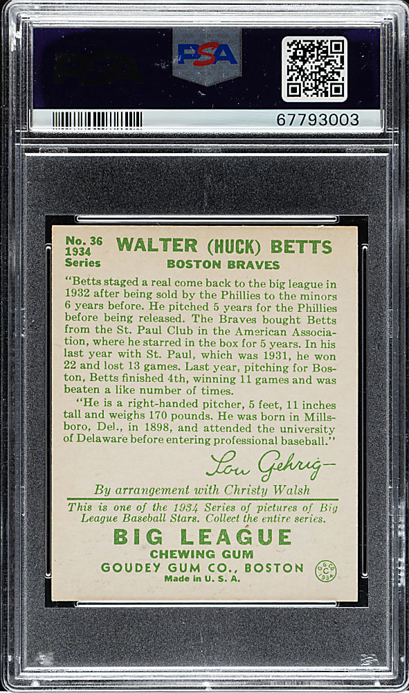 1934 R320 Goudey #36 Huck Betts PSA EX-MT+ 6.5