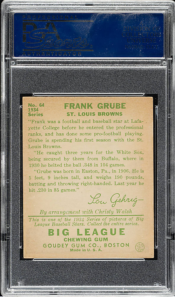 1934 R320 Goudey #64 Frank Grube PSA EX-MT+ 6.5