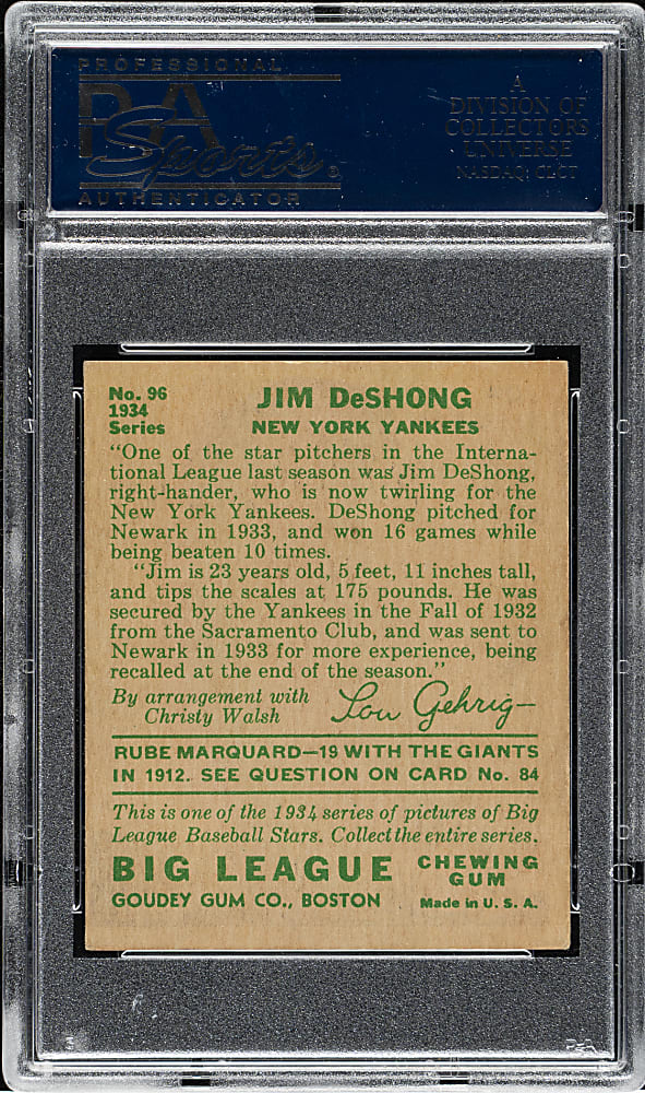 1934 R320 Goudey #96 Jim DeShong PSA EX-MT 6