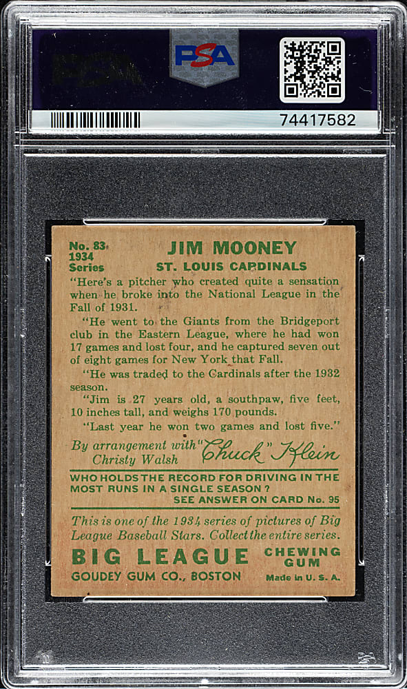 1934 R320 Goudey #83 Jim Mooney PSA EX-MT 6