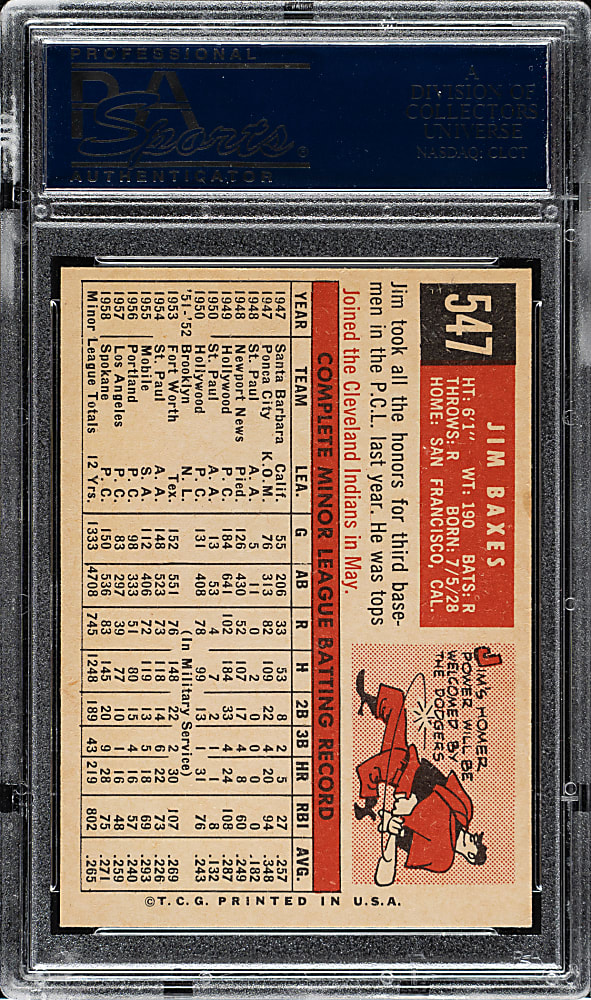 1959 Topps #547 Jim Baxes PSA NM-MT+ 8.5