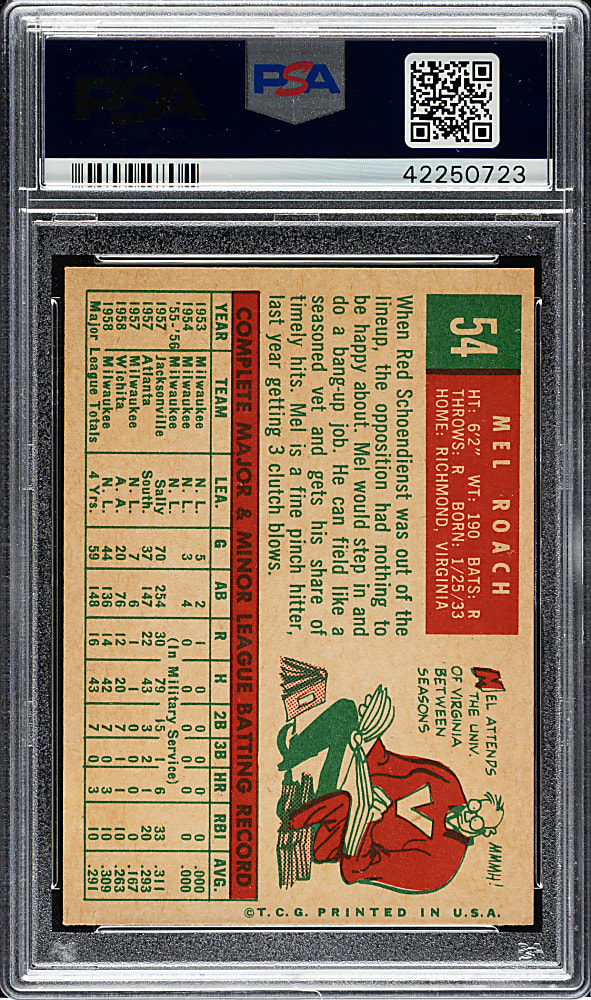 1959 Topps #54 Mel Roach PSA NM-MT+ 8.5