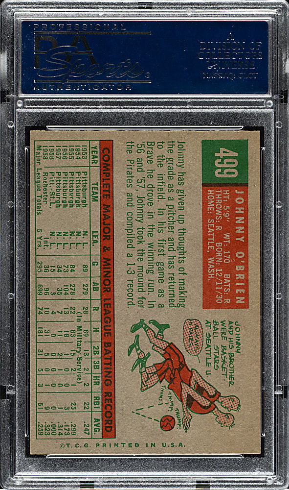 1959 Topps #499 Johnny O'Brien PSA NM-MT+ 8.5