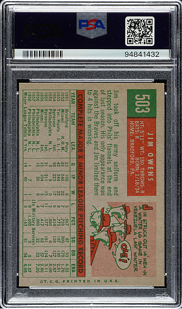 1959 Topps #503 Jim Owens PSA NM-MT+ 8.5