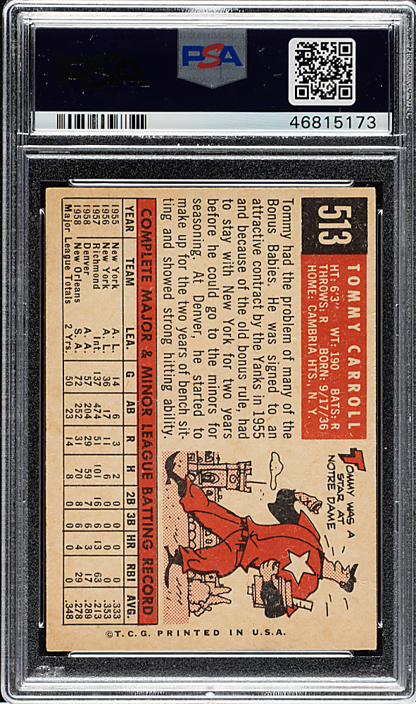 1959 Topps #513 Tom Carroll PSA NM-MT+ 8.5