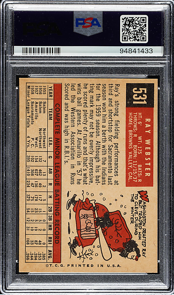 1959 Topps #531 Ray Webster PSA NM-MT+ 8.5