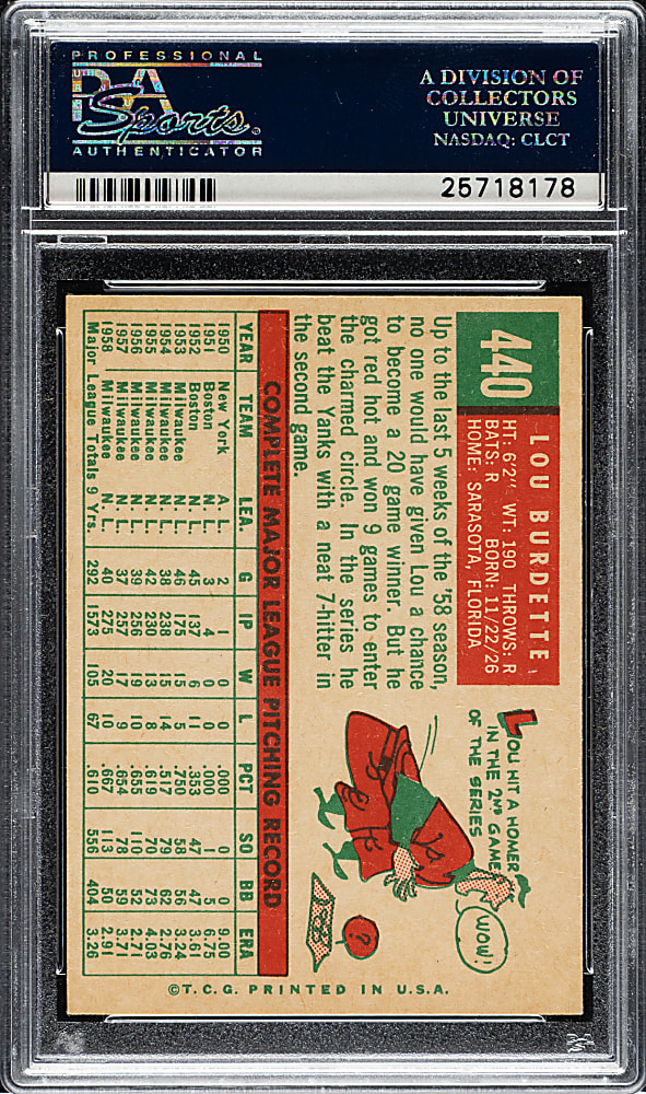 1959 Topps #440 Lou Burdette PSA NM-MT 8