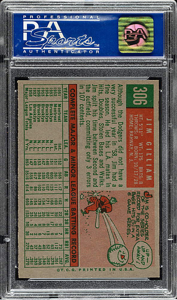 1959 Topps #306 Jim Gilliam PSA NM-MT 8