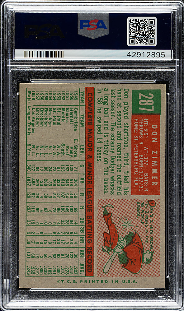 1959 Topps #287 Don Zimmer PSA NM-MT 8