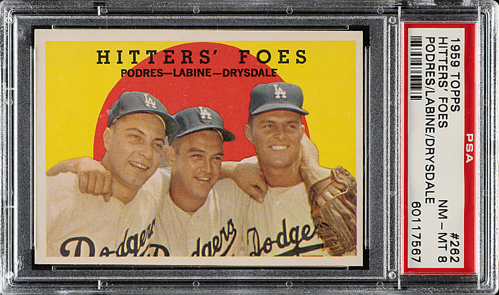 1959 Topps #262 Hitters' Foes with Johnny Podres, Clem Labine and Don Drysdale PSA NM-MT 8